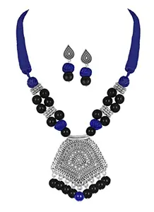 JFL - Jewellery for Less Trendy Designer Pendant Beaded Cotton Thread Balls Handcrafted Necklace Set with Adjustable Thread for Women & Girls. (Black, Navy Blue),Valentine