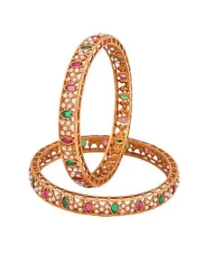 Adwitiya Collection Women Set of Two Gold Plated Ruby and Emerald Stone & Pearl Studded Bangles(2.6)