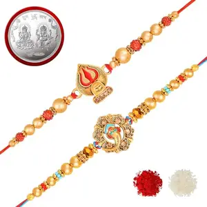 De Marquis 2 Designer Rakhi + 1 Pooja Coin Gift Set for Brother, Pearl Rakhee, Mauli Thread Rakhis, Chawal Roli Pack, Greeting Card Set (2 Multicolor RAKHI set in different)