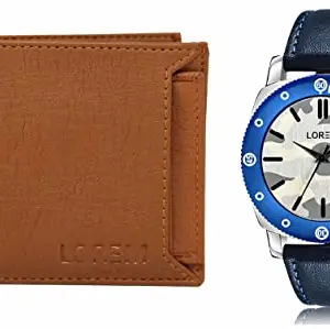 LOREM Tan Color Faux Leather Wallet & Multicolor Analog Watch Combo for Men | WL03-LR54
