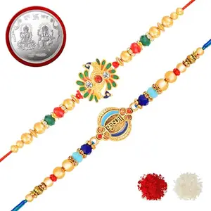 De Marquis Rakhi Combo Set of 5, 2 Rakhi Set, 1 Laxmi-Ganesh Coin, 1 Roli Chawal Pack, 1 Greeting Card for Bro/Brother/Bhaiya/Bhai/Bhabhi/Sister/Kids Happy Rakshabandhan