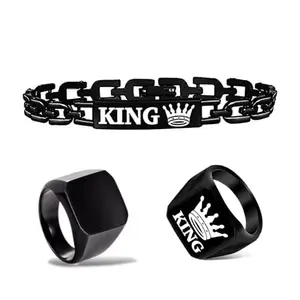 BELLINA STYLISH BLACK ALLOY KING FINGER RING WITH KING CHAIN BRACELET AND BLACK PLAIN FINGER RING FOR BOYS AND MEN (PACK OF 3)
