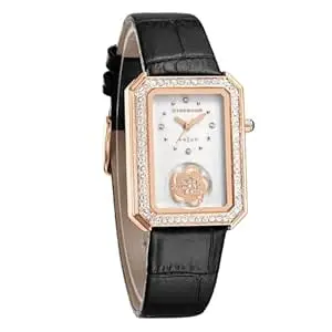 Giordano Arias by Signature Collection Analog Quartz Watch for Women with Rectangular Mother-of-Pearl Floral Design White Dial, Crystal-Studded Bezel and Leather Strap - GZ-60174