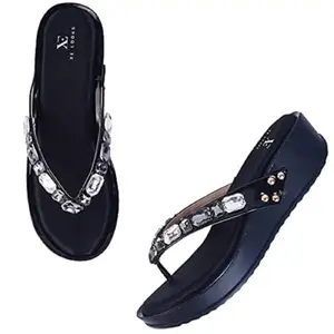 XE Looks Women’s Pearl Wedge Slippers | Embellished Design Slip-On Sandals for Girls | Cushioned Footbed & Anti-Skid Sole Trendy Platform Heels for Casual Wear and Wedding (Black)