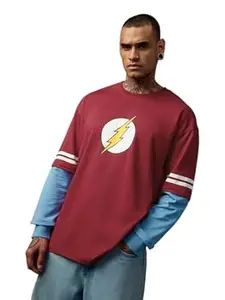 The Souled Store The Big Bang Theory: Sheldon Cooper Men and Boys Long Sleeve Round Neck Red Graphic Printed Casual Lightweight Drop Shoulder Streetwear Trendy Oversized Full Sleeve T-Shirts