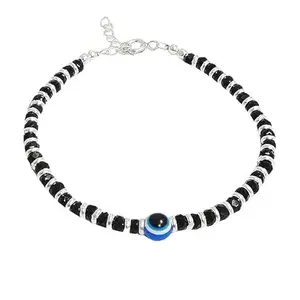 SYMKARD- Evil Eye Bracelet, Black and Silver Beaded Design with Blue Evil Eye Charm
