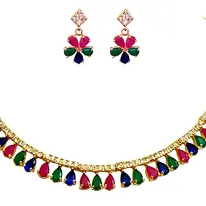 MIRAYA CREATIONS Gold Plated Traditional Crystal Necklace with Stylish Matching Earring Jewellery Set for Women & Girls (Multicolor)