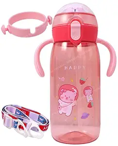 Toyshine Bear Kids Water Bottle with Straw - Spill Proof Straw Valve, Pop Button, BPA Free Water Bottle for Kids School - Featuring Soft Silicone Handle Grip - Children's Drinkware, 550 ML Red