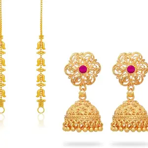 Drashti Collection Traditional Premium Micron Plated Jumkhi Earring With Kaanchain Pack of 2 Pairs Brass Jhumki Earring ()_BZ_CMB2022,1802