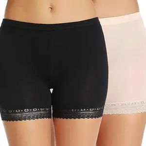 Avyam Enterprise Women's/Girl's Cotton Lycra Shorts with Lace Trim Cycling Shorts/Safety Shorts/Under Skirt Shorts/Night Shorts Color Black Cream (Pack of 2) (L)