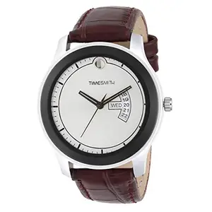 Timesmith White Dial Brown Leather Strap Day Date Genuine Analog Analog Watches for Men Latest Stylish and Boys'&"TSC-002