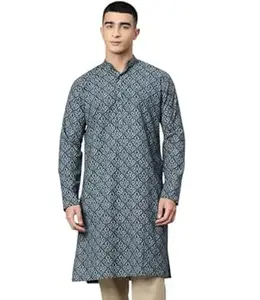 Majestic Man Men’s Regular Fit Ethnic Motifs Printed Pure Cotton Long Kurta with Mandarin Collar & Full Sleeves
