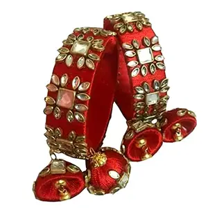Elegance Kundan Blood Red Gajiri Silk Thread Bangle (Set of 2) with Hangings and Jhumki