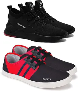 WORLD WEAR FOOTWEAR Soft Comfortable and Breathable Canvas Lace-Ups Sports Running Shoes for Men (Black and Red and Blue, 10) (S12837)