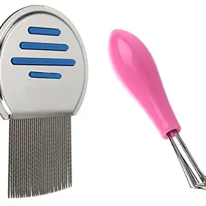 Alexvyan 2 Pcs Combo-Silver Nit Comb for Head Lice Treatment, Removes Nits & Hair Brush Rake Hairbrush Cleaner of Metal Wire with Handle for Home and Salon