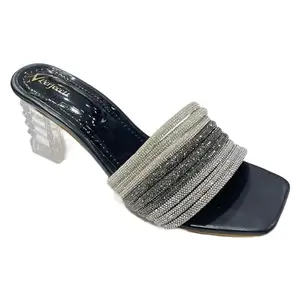 Latest trendy Rhinestone strappy Glass block heel Slides, Party and Occassion usable, Durable (Black/Silver, UK Footwear Size System, Adult, Women, Numeric, Medium, 5)