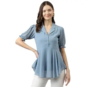 Toochki Light Blue Georgette Solid Western Flared high Low top for Women Latest Trendy Tops