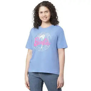 Free Authority Barbie Printed Relaxed Fit Blue Cotton Women's T-Shirt