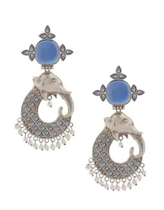 ANURADHA PLUS® Navy-Blue Colour Silver Earrings Set | Oxidised Long Earrings For Women | Elephant Styled Garbha Jewellery Set
