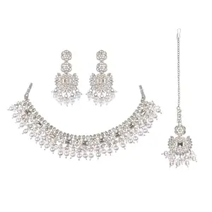 ZARMAR FASHION Jewellery White Stone Silver Bridal Necklace Set with Earrings & Maang Tikka