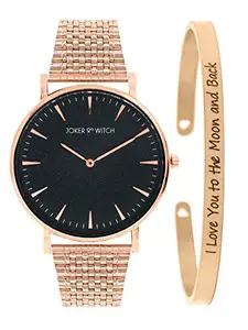 Joker & Witch Stainless Steel Sydney Rosegold Analogue Watch Bracelet Stack For Women, Black Dial, Rose Gold Band