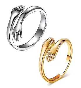 (Pack Of 2 Pcs) Stainless Steel Silver & Golden Color Valentine's Day Special Romantic Love Couple Promise Anniversary Adjustable Hand Hug Me Thumb Finger Ring For Women's & Girl's