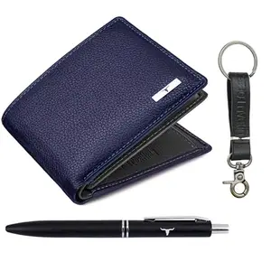 URBAN FOREST Kenny Blue/Grey Leather Wallet, Black Pen & Keychain Combo Gift Set for Men