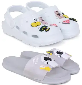 Pampy Angel Combo Pack of 2 Slipper/Flip Flops/Slides/Clogs/Sandals with Adjustable Back Strap for Women,(WCL-123-White,Tra-Space-Grey),38 (Euro)