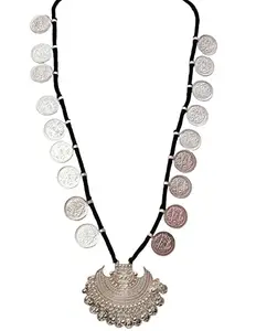 Total Fashion Latest Boho Trible Silver Oxidised Long Chain Pendant Necklace Jewellery Set Women for Girls