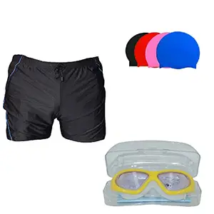 I-SWIM SWIMMING SHORTS V-619 BLACK BLUE PIPING SIZE 3XL WITH GOGGLES SILICONE IS-SG LARGE WITH BOX WHITE AND 100% SILICONE SWIMMING CAP PLAIN SKY