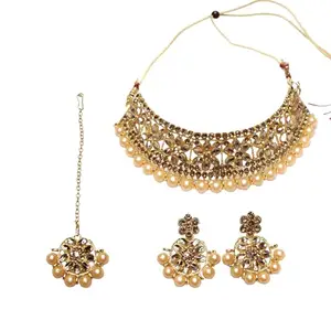 Manvini Gold Plated Choker Set | LCD Color Choker Necklace Set With Dangle Earrings & Maangtika | Traditional Jewellery Set For Women
