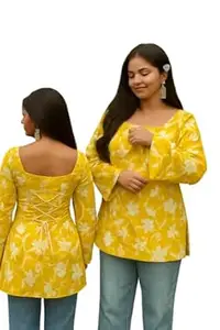 SANGOURI Women Pure Cotton Floral Printed Short Kurti | Square Neck | Full Sleeves | Stylish Ethnic Kurta | Back Tie-Up | Casual Wear Kurta