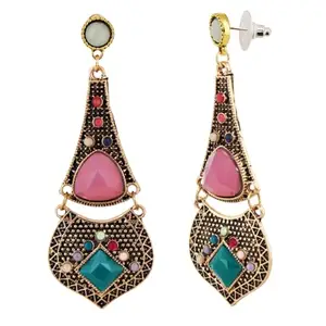 Lucky Jewellery Designer 18k Gold Plated Bohemian Design Pink Color Dangle Hanging Earring For Girls & Women (150-CHEO-1257-PK)