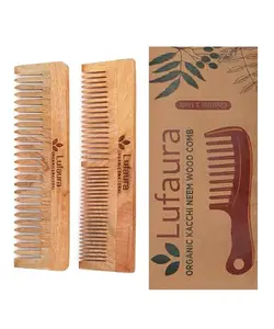 Lufaura Natural Organic Neem Wood Comb, Soaked In Herb Oil For Multi-Actions - Detangling, Frizz Control and Shine, Non Static, For Men and Women, For All Hair Types-(Dualtooth + Wide Bounce Large)