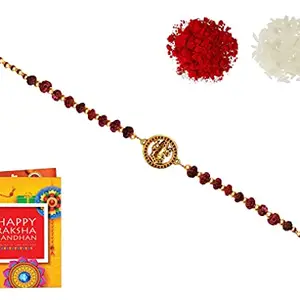 Om Sai | "Gold Plated fully RUDRAKSH Bracelet Rakhi with Middle GANESHJI in Bracelet Rakhi" For Brother with Roli-Chawal & Greeting Card.. (Designer Rakhi for Special Rakshabandhan Festival) O2