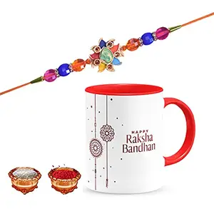Manonita Rakhi Gift for Brother, bhaiya bhabhi, Gift Set (Rakshabandhan Mug, Roli,Chawal) REDMUG-17-BG
