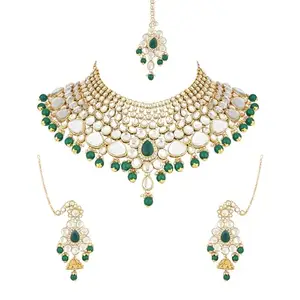 I Jewels Gold Plated Traditional Handcrafted Faux Kundan & Pearl Bridal Choker Necklace Jewellery Set with Earrings & Maang Tikka For Women/Girls (IJ036G)