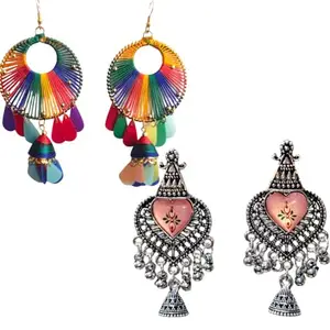 Trendy Jhumka Earrings for Women & Girls – Pack of 2 Designer Pairs | Lightweight, Colourful Ethnic & Casual Wear Jewelry
