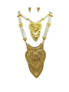 Traditional Gold-Plated Necklace Set with Pearl Strings, Intricate Floral Design, Long Pendant and Matching Earrings