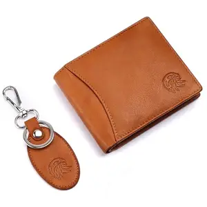 MEHZIN Men Formal Solid Tan Genuine Leather Wallet with Key Chain (9 Card Slots)