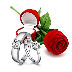 I Jewels Platinum Plated CZ Adjustable Couple Brass Ring With Red Rose Gift Box for Men & Women(S001-FL159CO)(Multi Color)