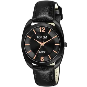 LOREM Stylish Synthetic Leather Black Dial Round Watch for Women-LR322