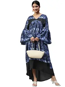 Cottinfab Blue & Black Floral Crepe Maxi Dress