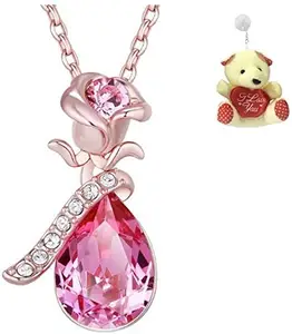 Okos Valentines Collection Rose Gold Plated Pink Austrian Crystal Flower Pendant Necklace With Teddy Bear For Girls And Women PD1000817Ted