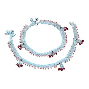 Traditional Silver Anklets with Red Crystal Beads, White Pearls, ankk003