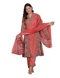 HARMORAKRAFTS Women's Cotton Printed Straight Kurti With Pant and Dupatta Set (PEACH)