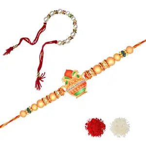 De Marquis 1 Designer Rakhi + 1 Lumba Gift Set for Bhaiya and Bhabhi, Pearl, Kundan Rakhis, Chawal Roli Pack, Greeting Card Set (Multicolor RAKHI set in different design with Roli and chawal)