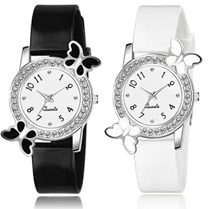 Goldenize fashion Quartz Analogue Butterfly Diamond Dial Women and Girl's Combo Pack of 2 Watches (WHT-BLK)