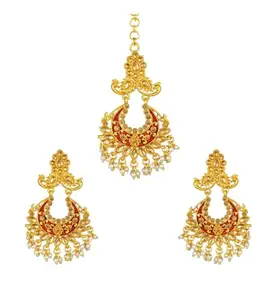 Generic Women's Rose Gold Plated Alloy Kundan Earrings & Mangtikka-PID47384