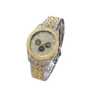 Analog Gold Silver Two Tone Round Diamond Chronograph Unisex Watch
